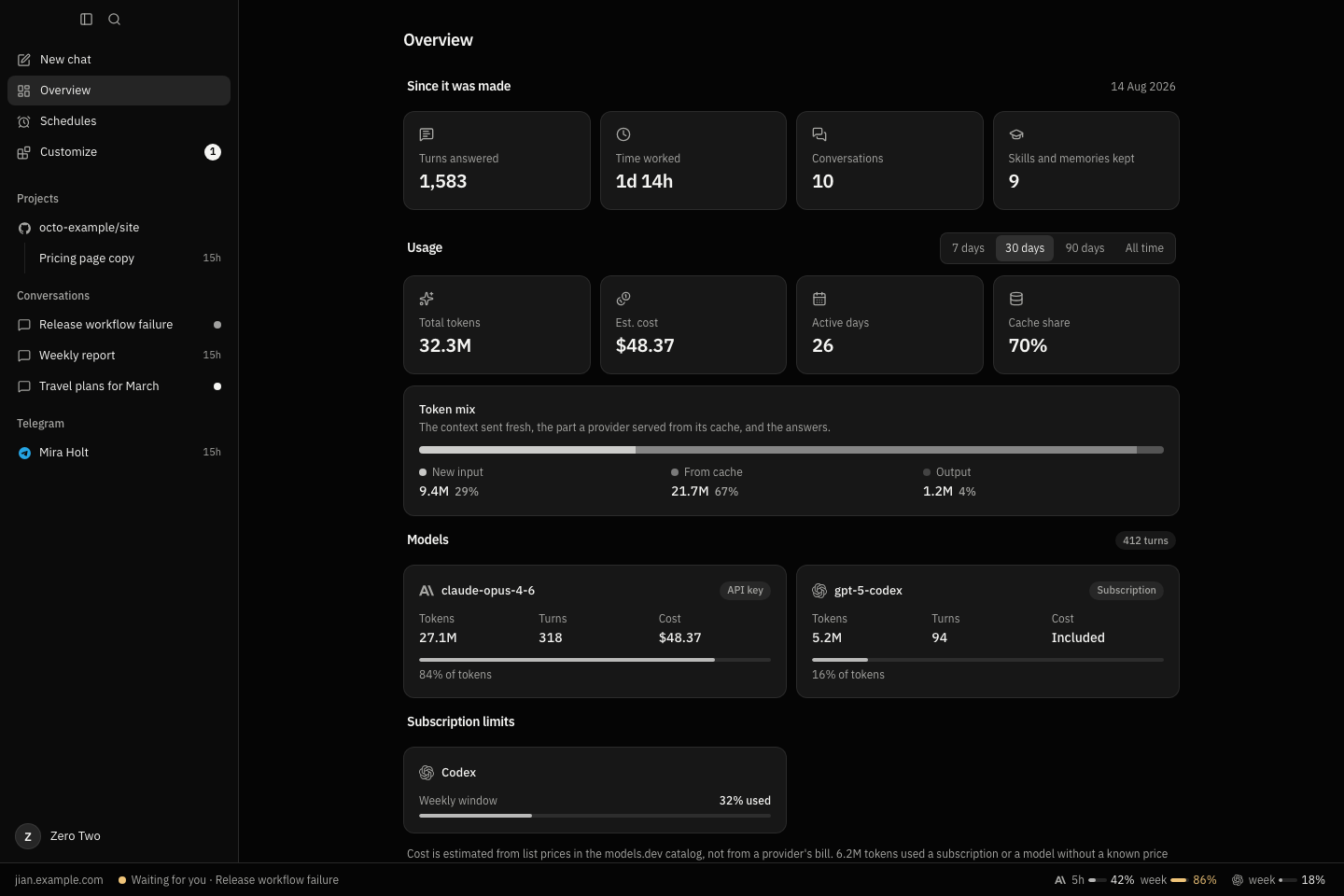 Jian agent overview showing activity and usage.