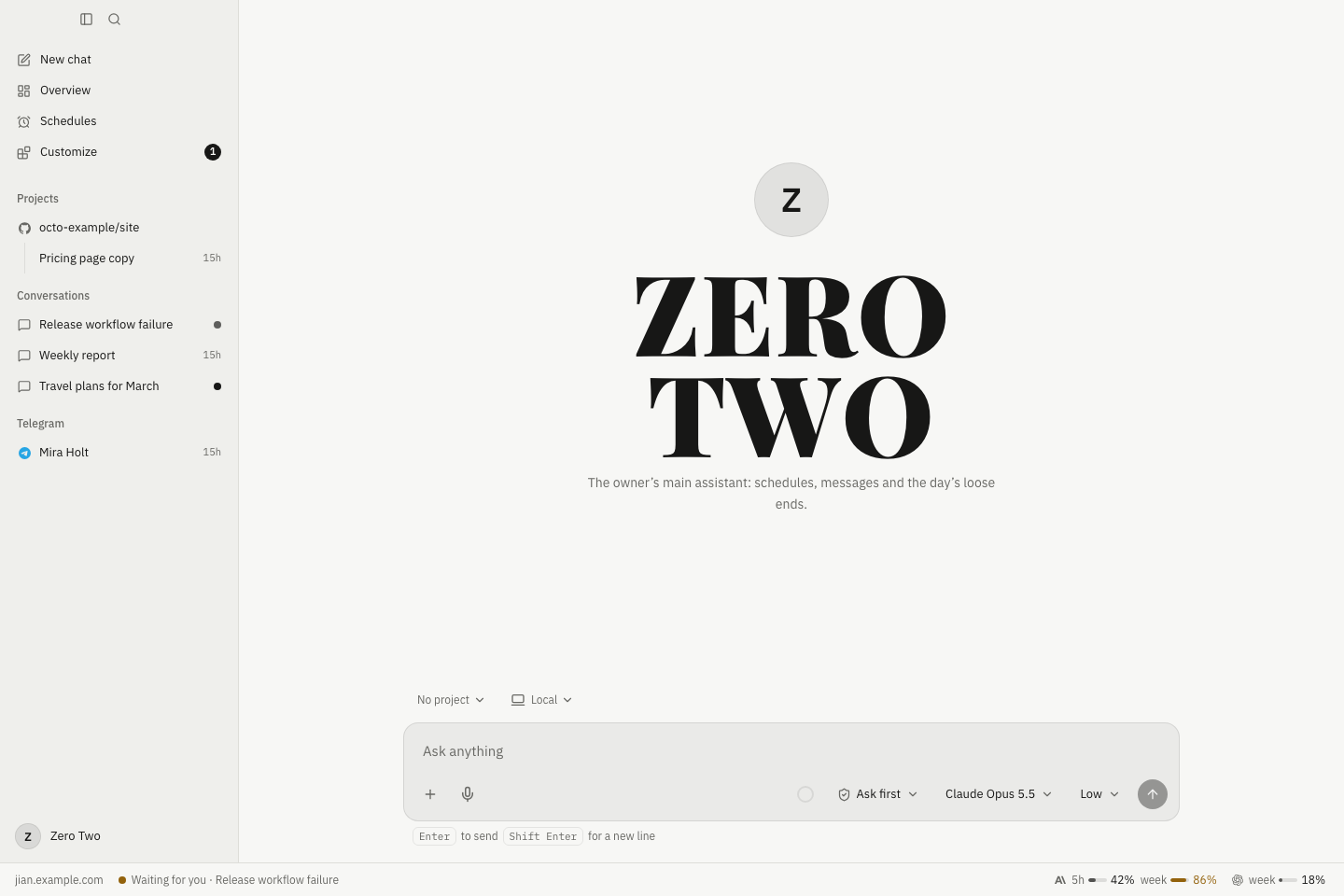 Jian desktop app with the agent hero, conversations sidebar, and message composer.