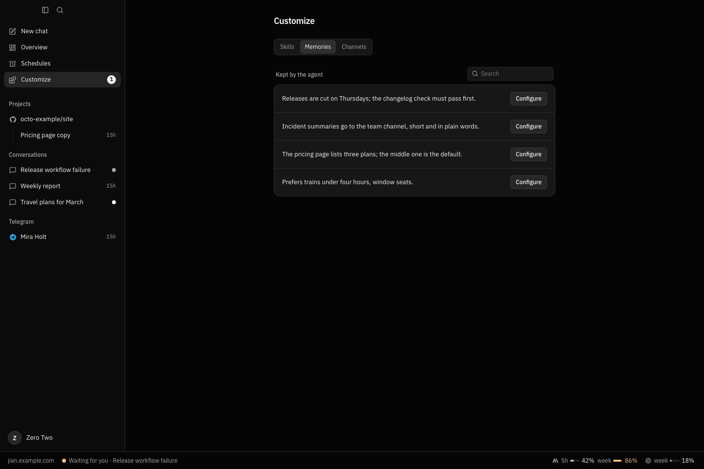 Jian memories page with saved knowledge and links between memories.