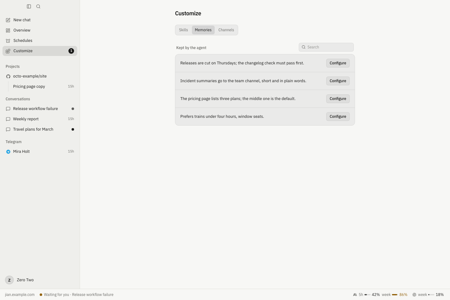 Jian memories page with saved knowledge and links between memories.